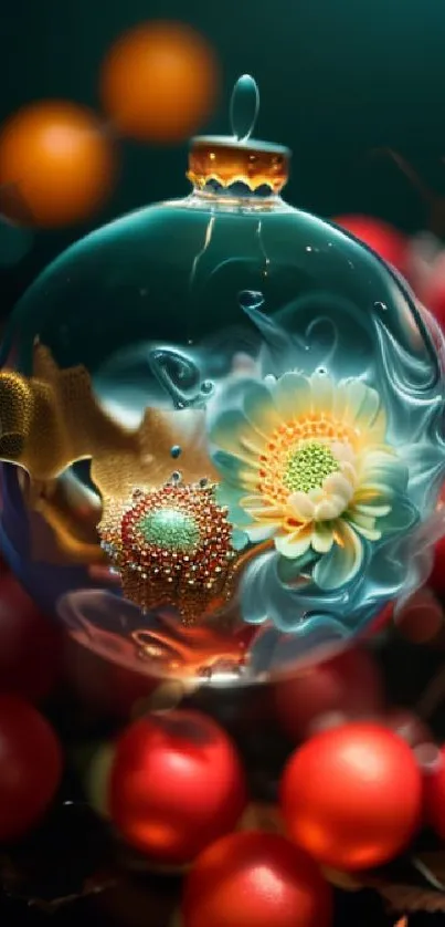 Intricately designed Christmas ornament with floral details and red berries.