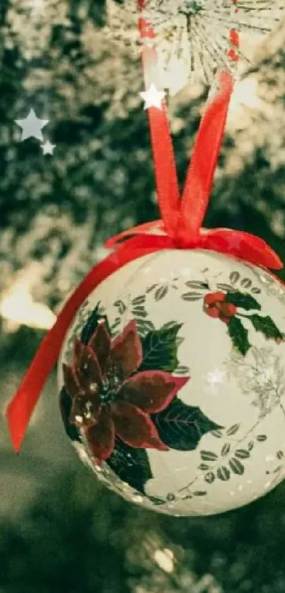 Christmas ornament with red ribbon on a tree.