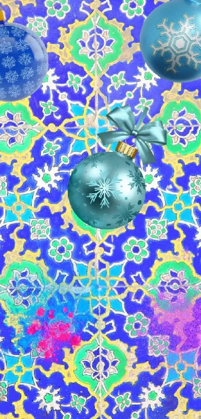 Festive phone wallpaper with blue ornaments and vibrant patterns.