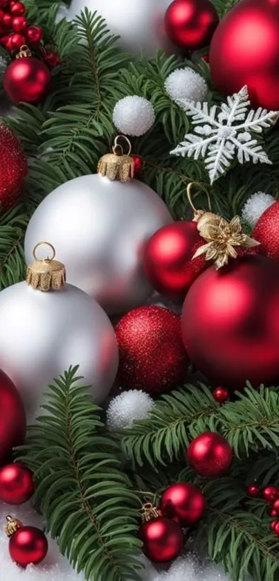 Festive red and white ornament wallpaper with pine branches.