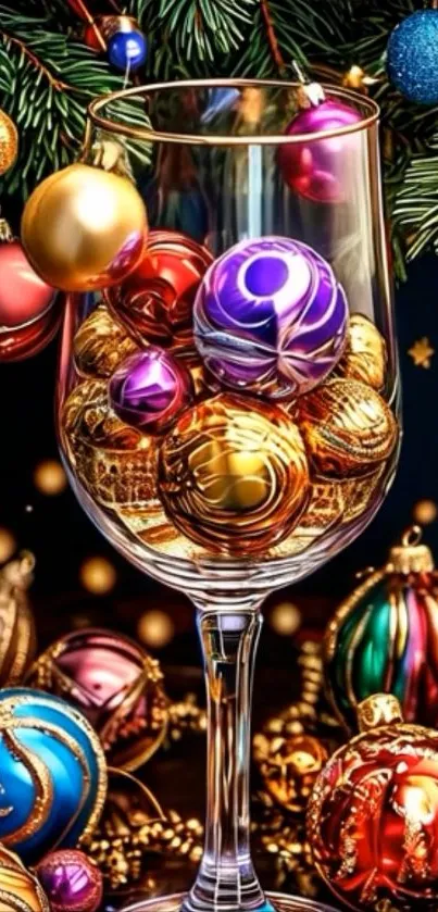 Festive ornaments in a glass with holiday decorations.