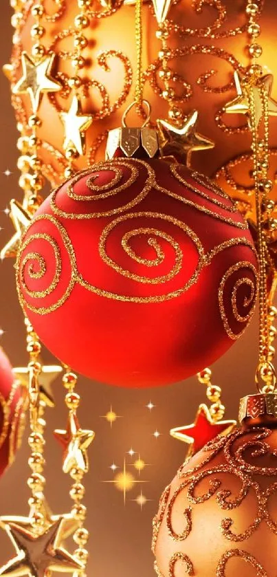 Festive Christmas ornaments with gold stars on wallpaper.