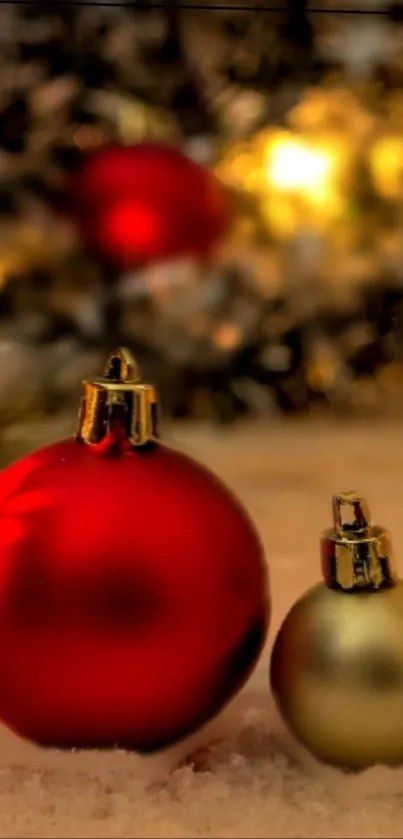 Festive Christmas ornaments with red and gold baubles.