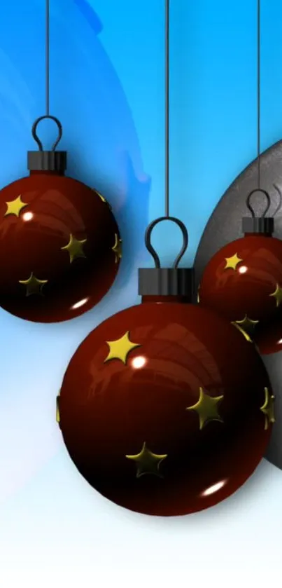 Blue background with red hanging ornaments.