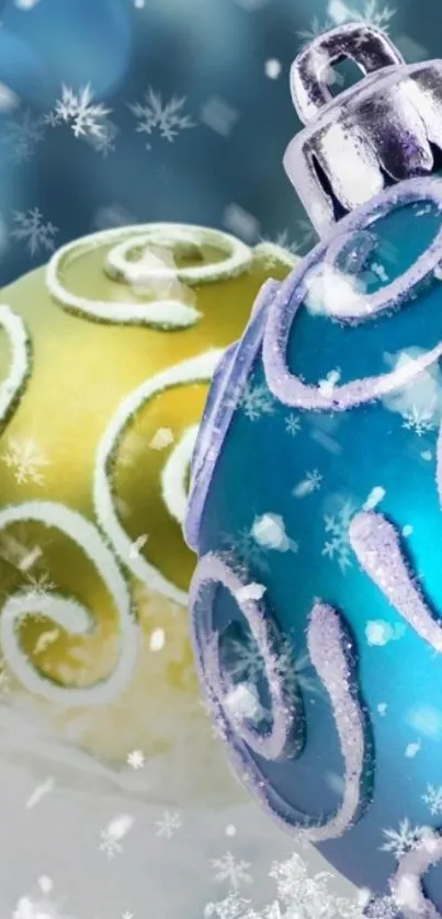 Festive blue and yellow ornament wallpaper with snowflakes.