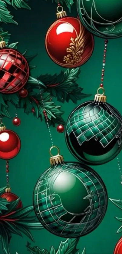 Holiday wallpaper with red and green Christmas ornaments.
