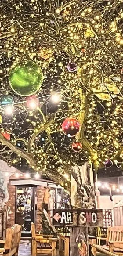 Festive tree with glowing lights and colorful ornaments outdoors at night.