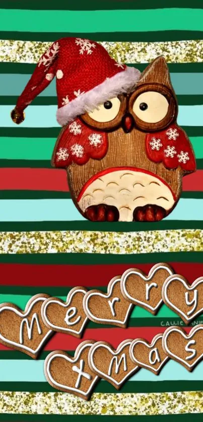 Festive owl in Santa hat with Christmas heart shapes.