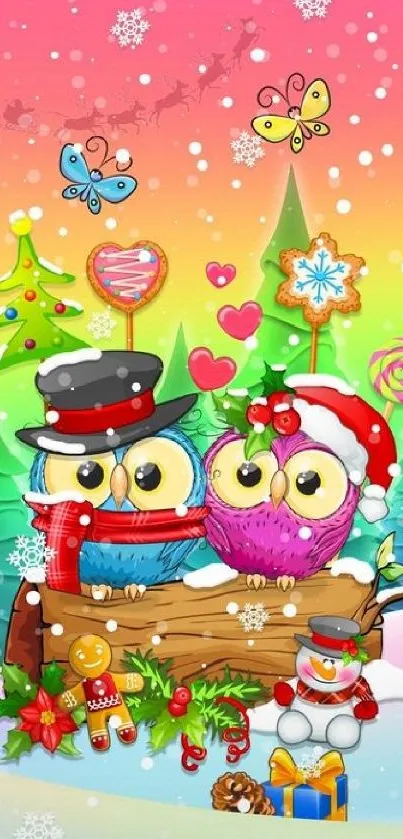 Colorful Christmas wallpaper with festive owls and holiday decor.