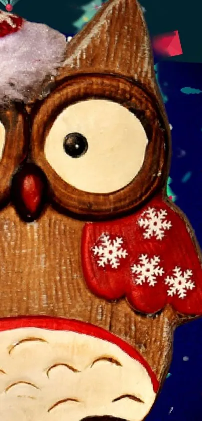 Festive owl with red snowflakes on wings in holiday theme.