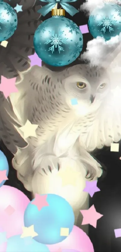 Snowy owl with festive ornaments and colorful stars in a wintery scene.