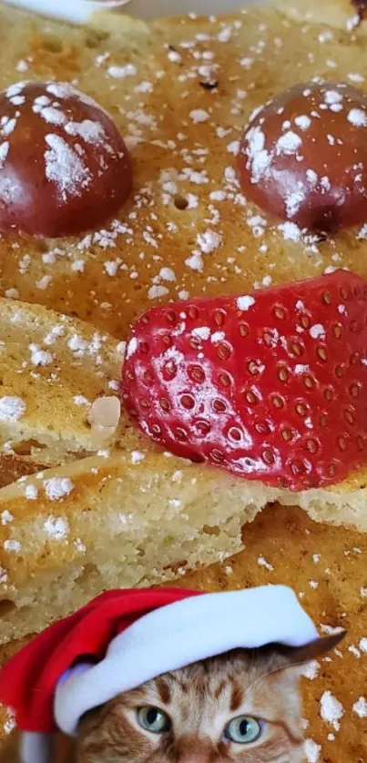 Festive pancake with berries and a Christmas cat wearing a Santa hat.