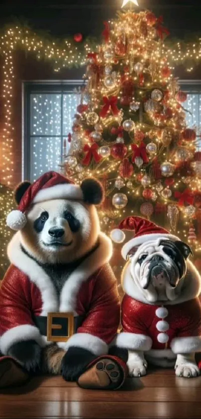 Festive panda and dog in Santa costumes by a Christmas tree.