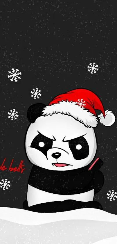 Cute panda with Santa hat and snowflakes on a Christmas wallpaper.