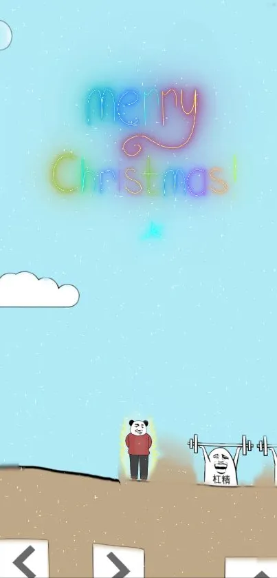 Cartoon panda Christmas wallpaper with festive colors.