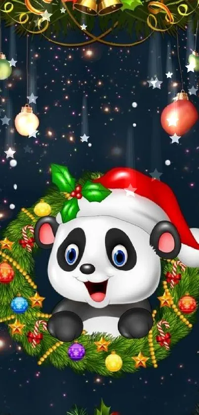 Festive panda in Christmas wreath with ornaments on dark blue background.