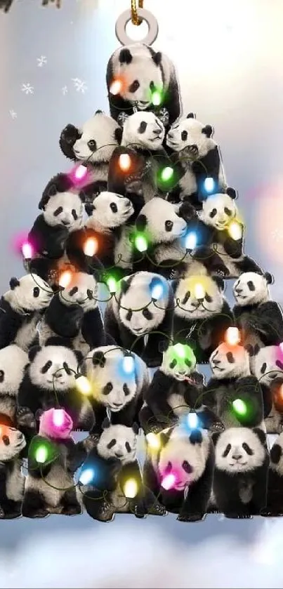 Christmas tree shaped by pandas with colorful holiday lights.