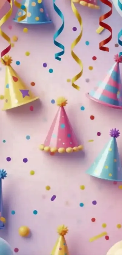 Colorful party hats and confetti on a pastel background.
