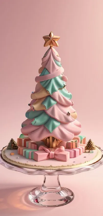 Festive pastel Christmas tree with gifts on pink backdrop.