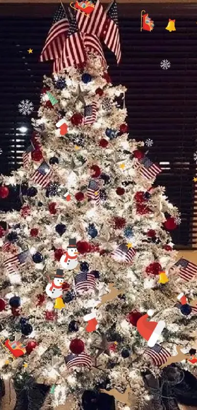 Patriotic Christmas tree with flags and decorations.