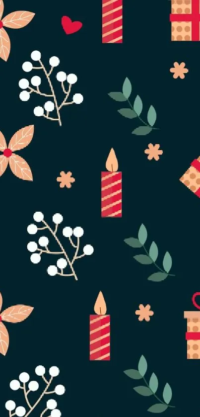 Festive mobile wallpaper with gifts, candles, and floral patterns on dark cyan background.