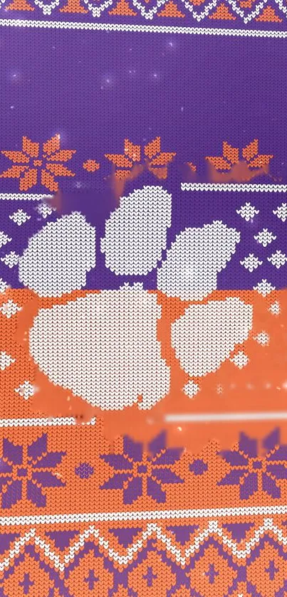 Festive wallpaper with a white paw print and colorful patterns.