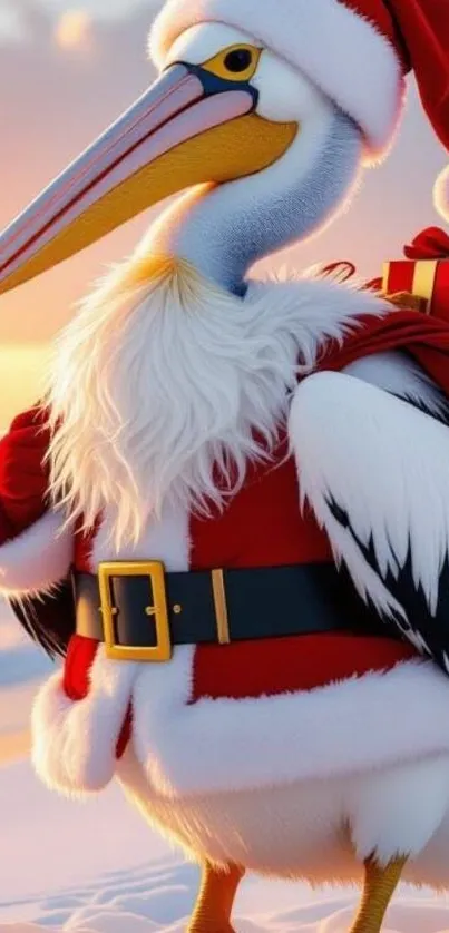 Pelican dressed as Santa Claus with gifts, festive holiday wallpaper.