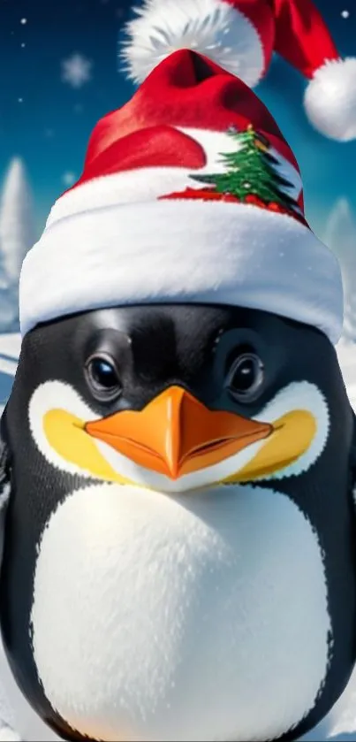 Cute penguin wearing a Santa hat in a snowy landscape.