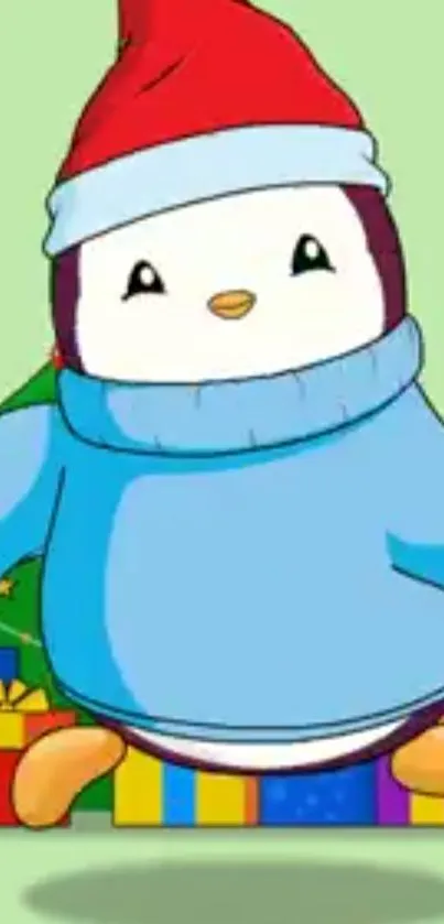 Cute penguin in blue sweater with gifts and Santa hat.