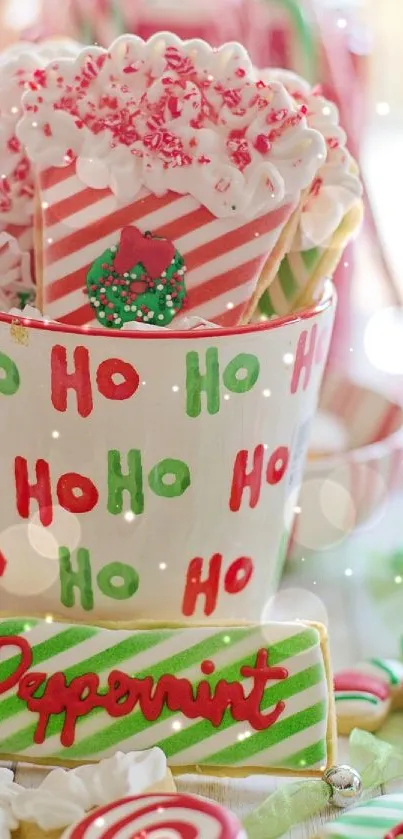 Festive peppermint-themed holiday wallpaper with cookies and cocoa.