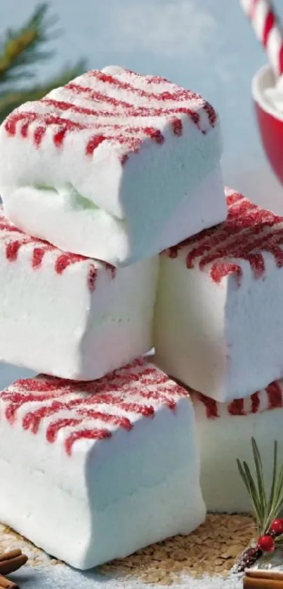 Stacked peppermint marshmallows with festive decor.