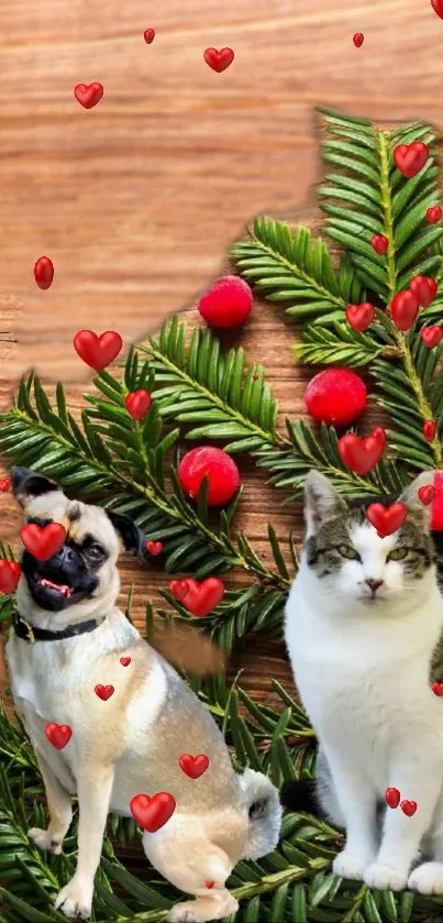 Cute dog and cat with hearts and foliage design.