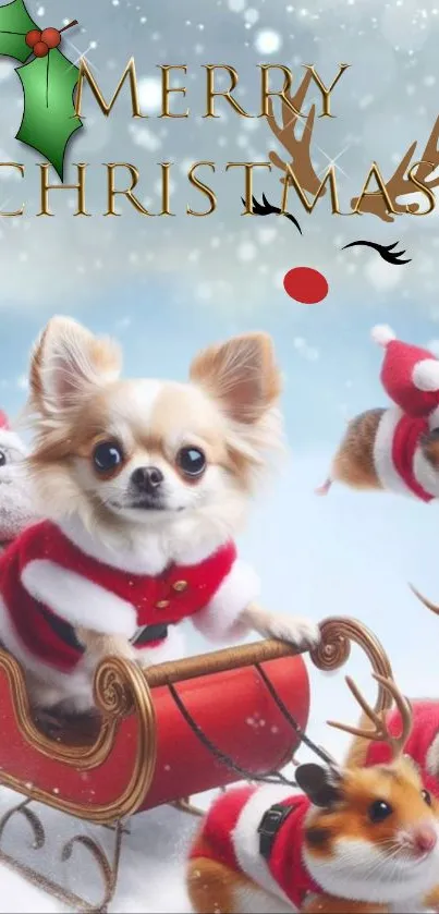 Adorable pets in festive attire ride a sleigh through a snowy landscape.