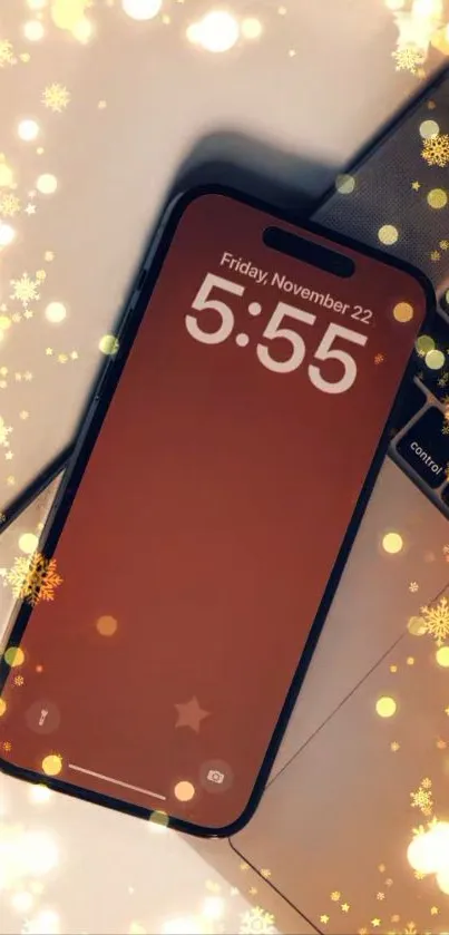 Festive themed wallpaper with phone and laptop, glowing snowflakes.