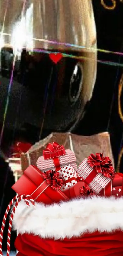 Festive wallpaper with wine glasses and Christmas gifts, vibrant and elegant.