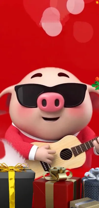 Cartoon pig in sunglasses playing guitar with Christmas gifts and decorations.