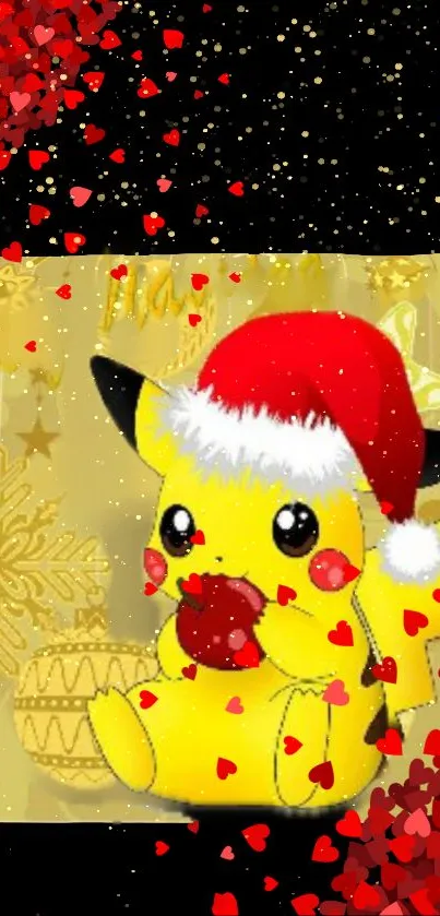 Pikachu with Santa hat and hearts, festive design.