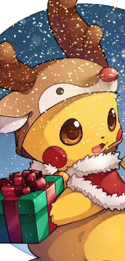 Festive Pikachu with reindeer antlers holds a colorfully wrapped gift.