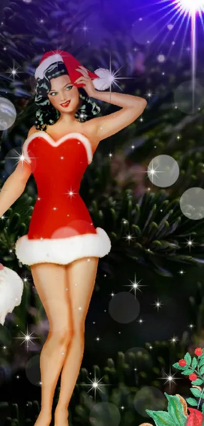 Vintage pin-up girl in Santa outfit with Christmas tree background.