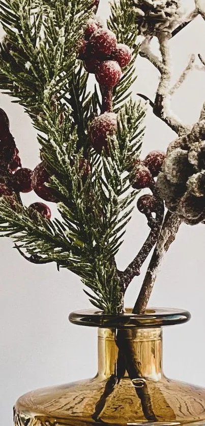 Festive pine and berries in amber vase.