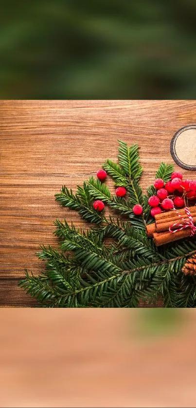 Festive wallpaper with pine, berries, and cinnamon on wood.