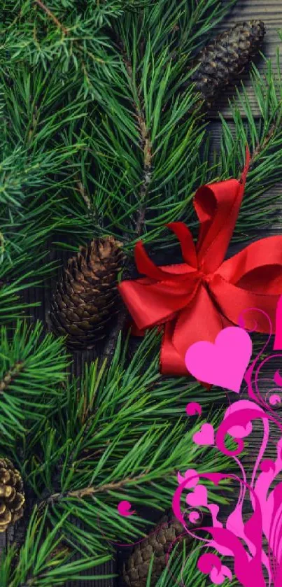 Festive wallpaper with pine, red bow, and pink hearts.