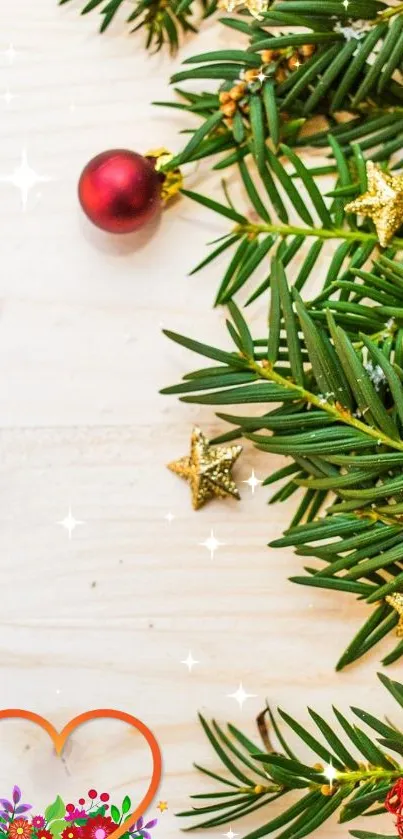 Festive mobile wallpaper with pine branches, ornaments, and golden stars.