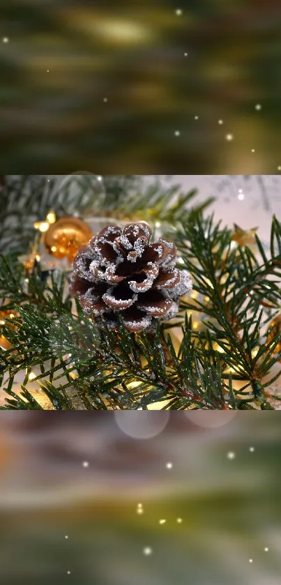 Frosted pine cone with gold lights and green branches.