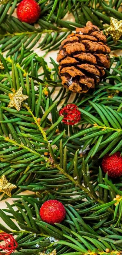 Pine branches with red berries and golden stars wallpaper.