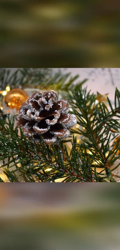 Festive pine cone with glowing lights and green branches.