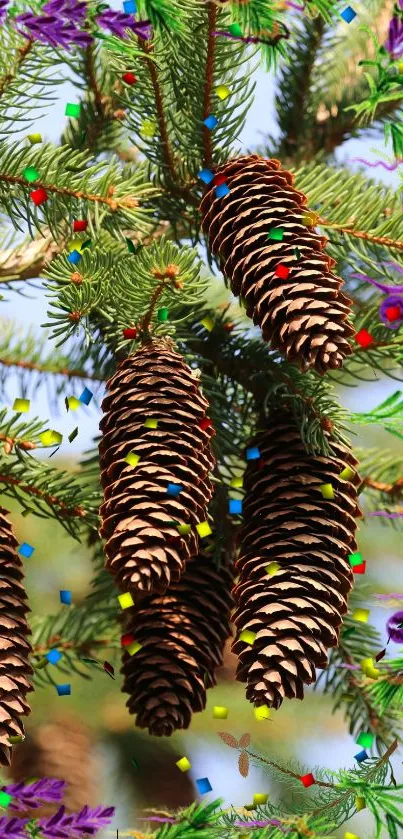 Festive mobile wallpaper with pine cones and colorful confetti.