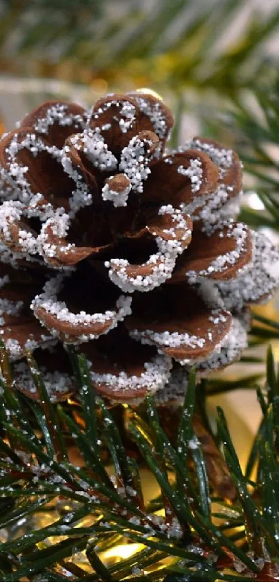 Festive pine cone with golden lights and green branches wallpaper.