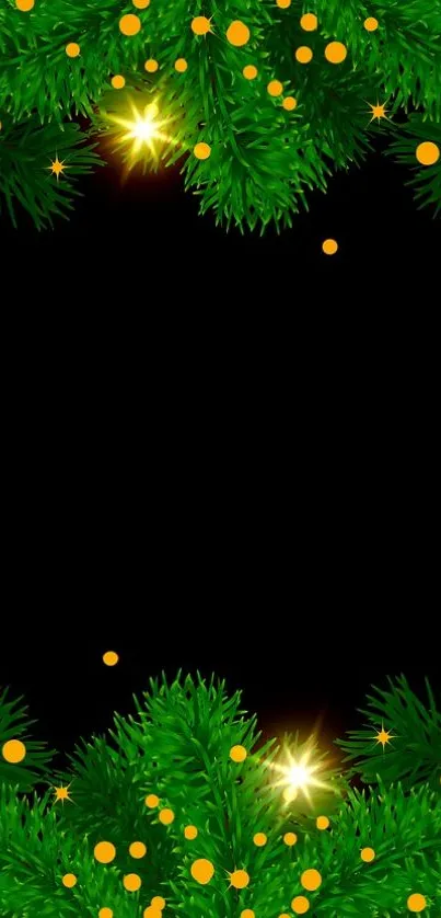 Festive green pine garland with glowing lights on a dark background.