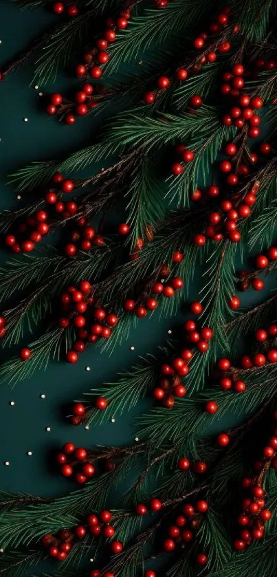 Festive mobile wallpaper with red berries and green pine branches.